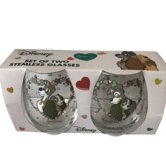 Disney Stemless Wine Glass Set Lady & The Tramp Set of 2 NEW - Picture 1 of 9